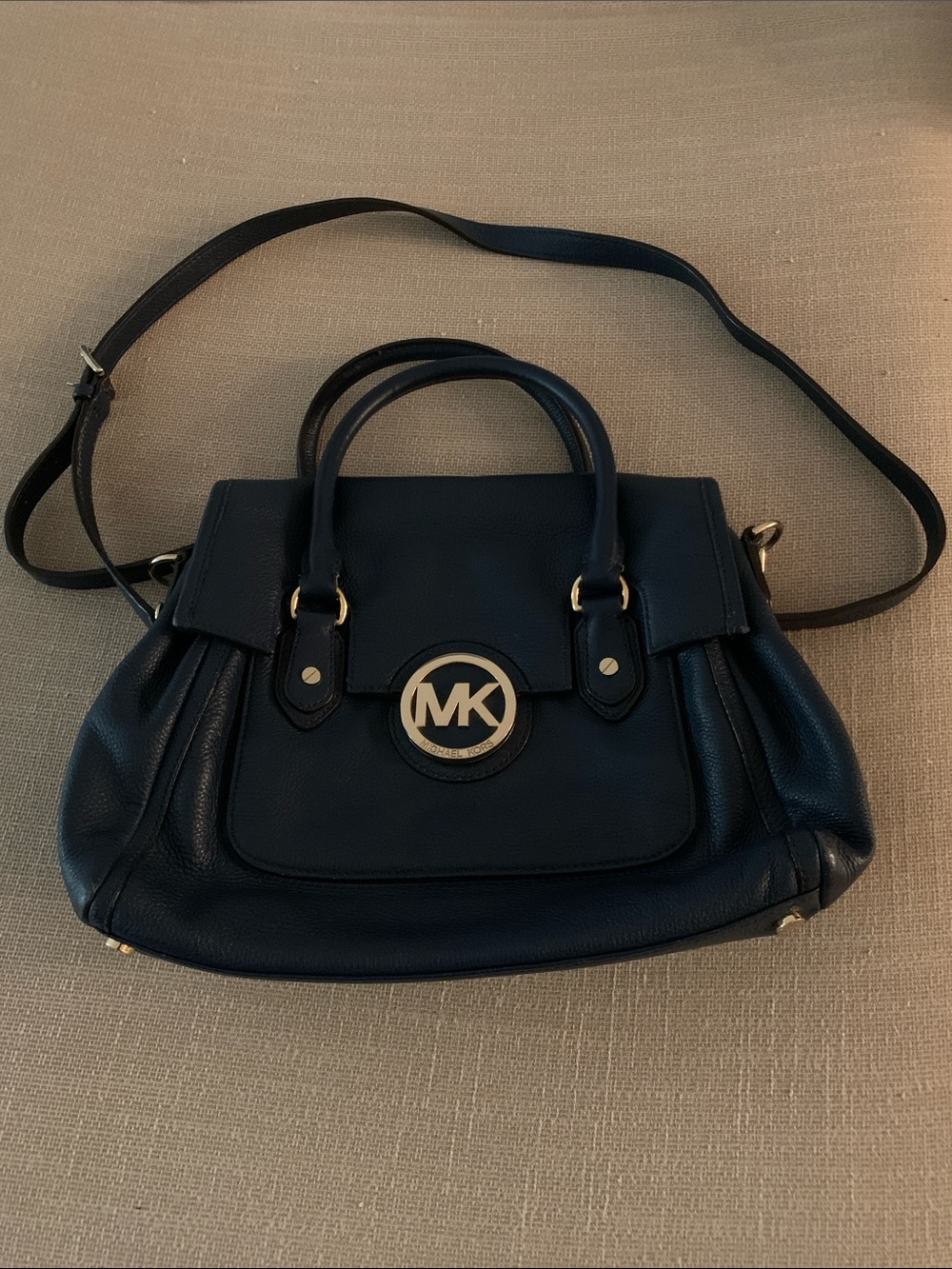 Michael Kors Medium Blue Pebbled Leather Satchel with Gold MK Emblem